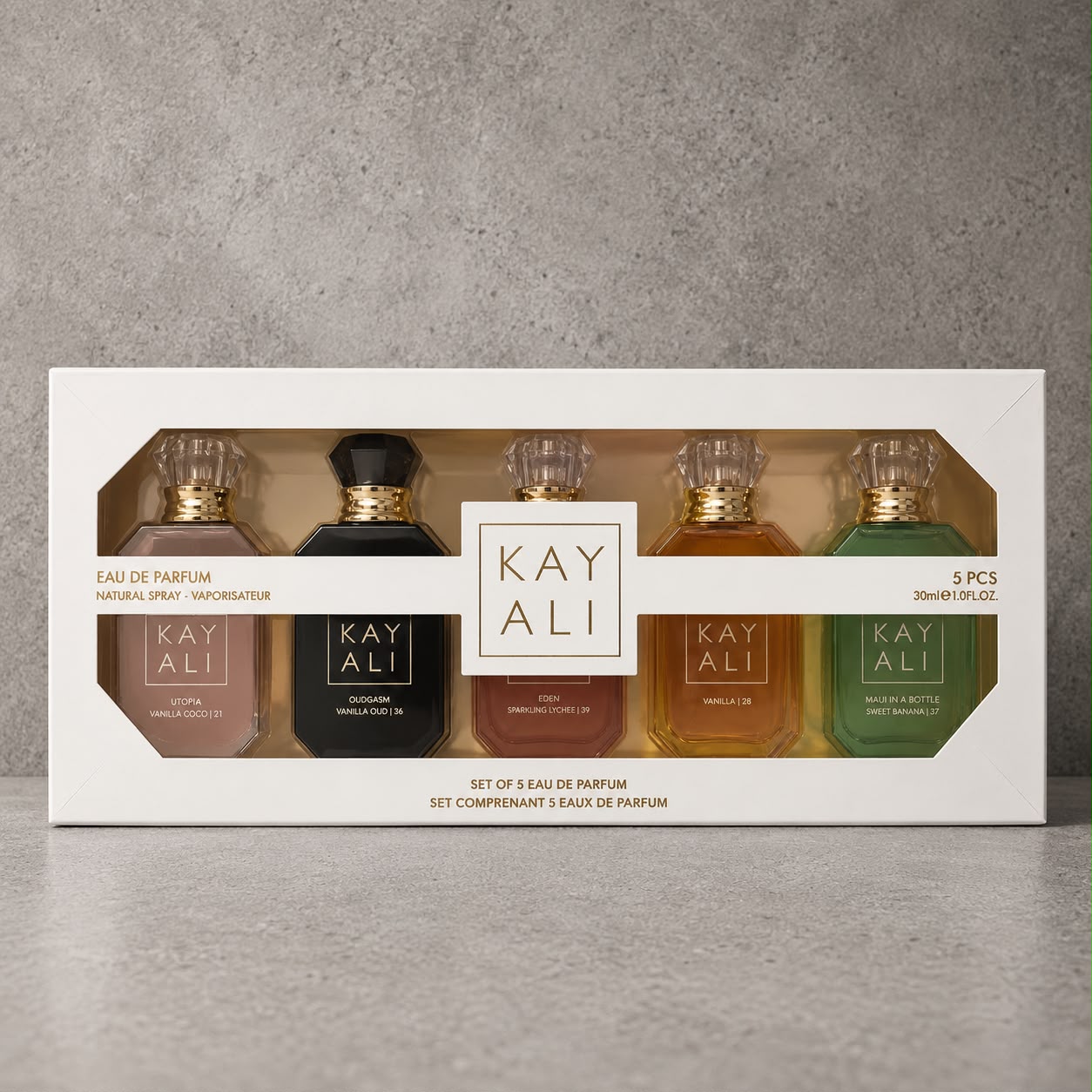 Kayali (Utopia Vanilla Coco/Oudgasm Vanilla Oud/Sparkling Lychee/Maldives) Set (5x30ml) (White Box)