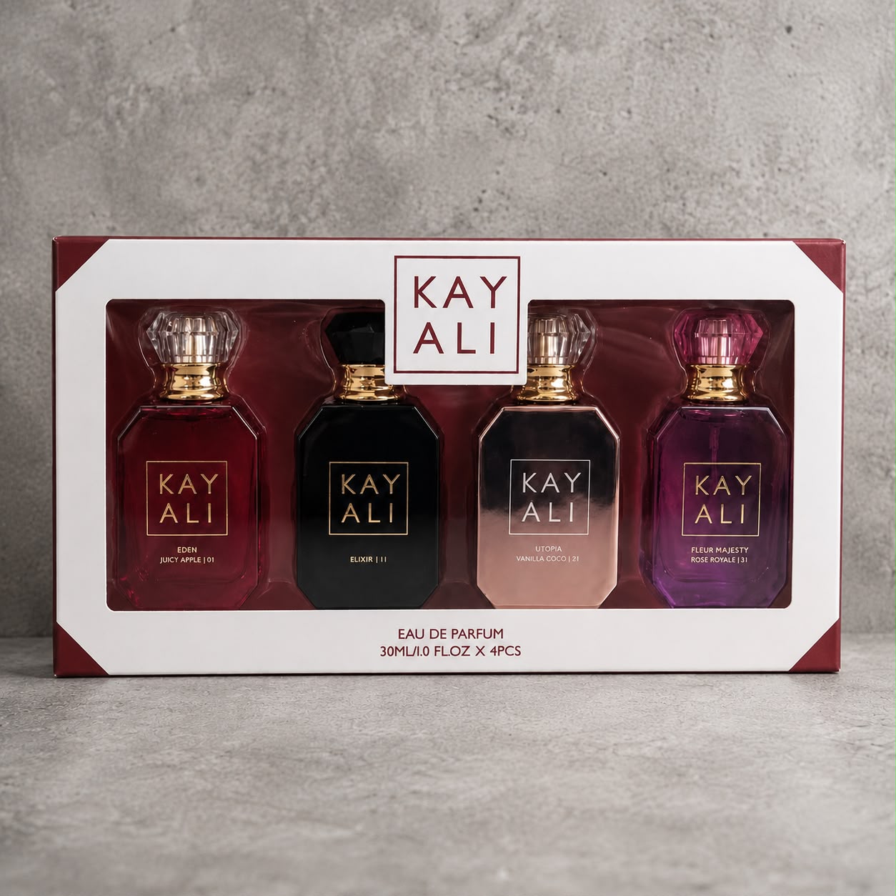 Kayali (Juicy Apple/ Kokomeili Elixir/Utopia Vanilla Coco/Fleur Majesty) Set (4x30ml) (White Box)