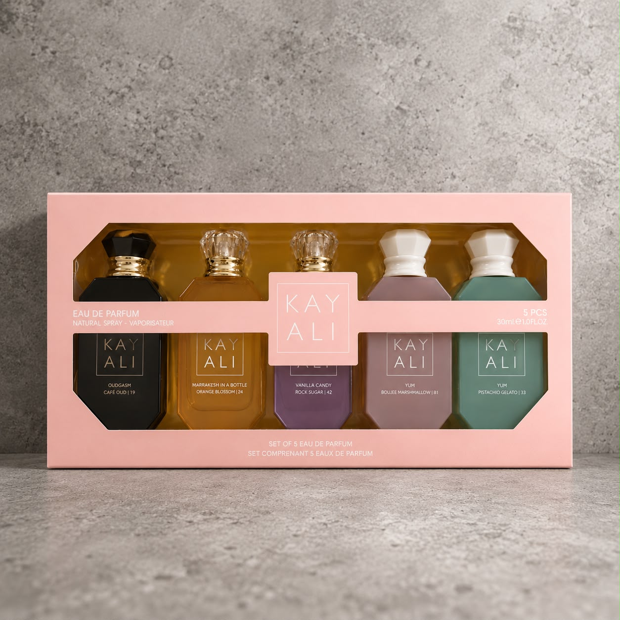 Kayali (Oudgasm Cafe Oud/Marrakesh/Vanilla Candy/Yum Pistachio/Yum Bougee Marshmallow) Set (5x30ml) (Peach box)