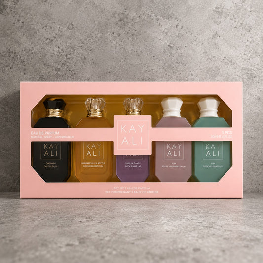 Kayali (Oudgasm Cafe Oud/Marrakesh/Vanilla Candy/Yum Pistachio/Yum Bougee Marshmallow) Set (5x30ml) (Peach box)