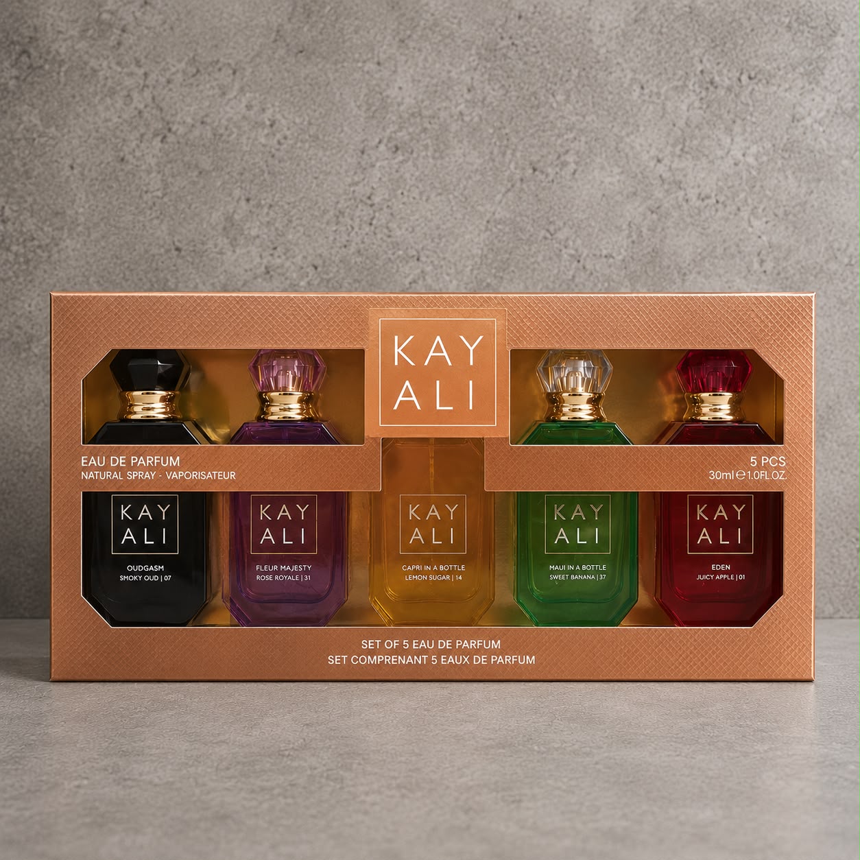 Kayali (Oudgasm Smoky Oud/Fleur Majesty/Lemon Sugar/Sweet Banana/Juicy Apple) Set (5x30ml) (Gold Box)