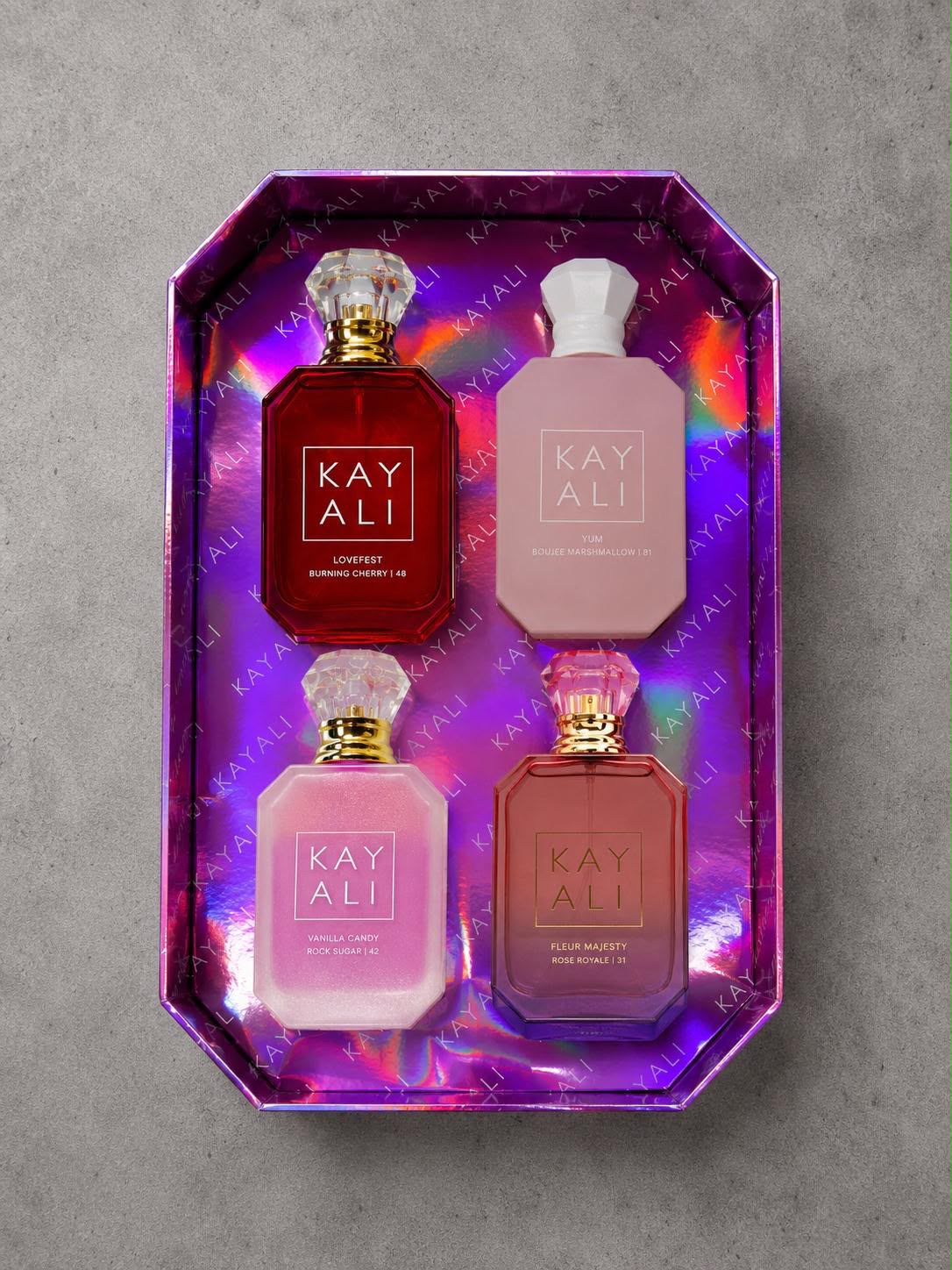 Kayali (Yum Boujee/Lovefest/Fleur Majesty/Vanilla Candy) Set (4x30ml) (Purple Box)