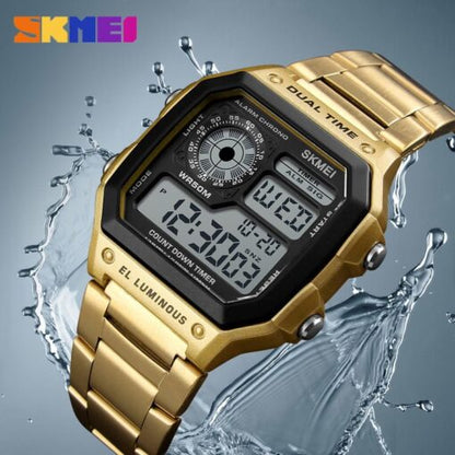 SKMEI 1335 Men's Stainless Steel Digital Watch – Gold