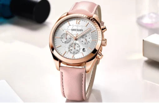 Megir 2115 Ladies Chronograph Genuine Leather Watch – Pink