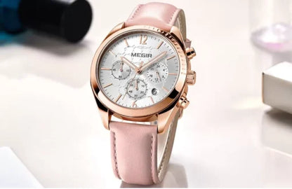 Megir 2115 Ladies Chronograph Genuine Leather Watch – Pink
