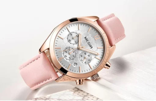 Megir 2115 Ladies Chronograph Genuine Leather Watch – Pink