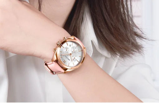Megir 2115 Ladies Chronograph Genuine Leather Watch – Pink
