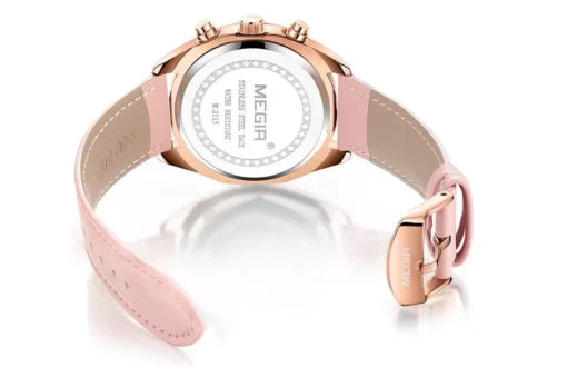 Megir 2115 Ladies Chronograph Genuine Leather Watch – Pink