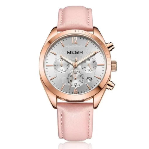 Megir 2115 Ladies Chronograph Genuine Leather Watch – Pink