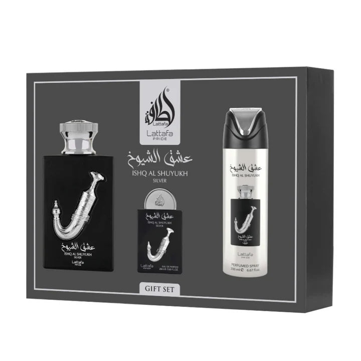 Ishq al shuyukh silver lattafa pride Gift set