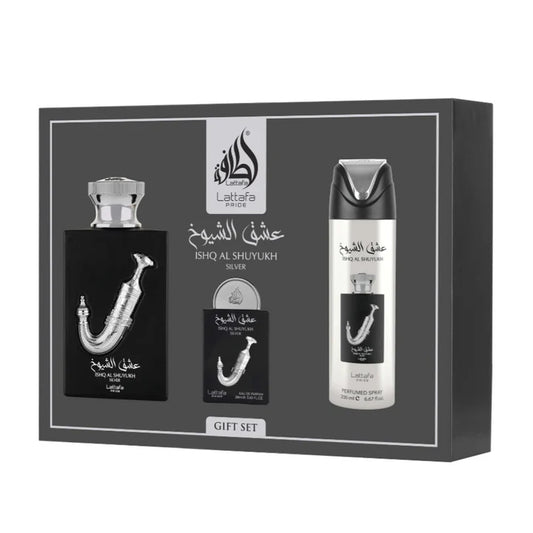 Ishq al shuyukh silver lattafa pride Gift set